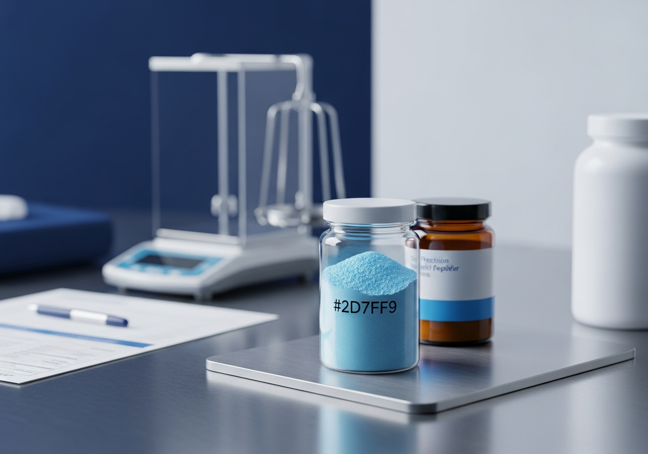 Bulk pharmaceutical-grade peptide powder on a pharmacy compounding bench