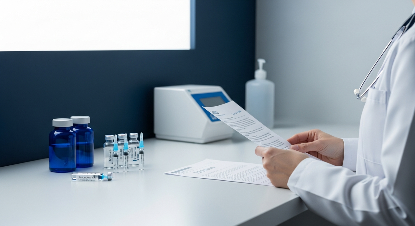 Hormone TRT clinic interior with injectable vials and lab paperwork