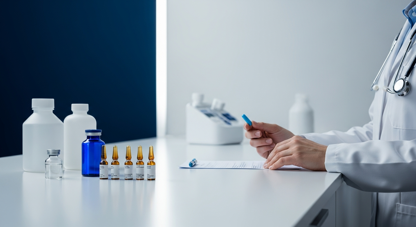 High-end longevity clinic with premium pharmaceutical vials on the counter