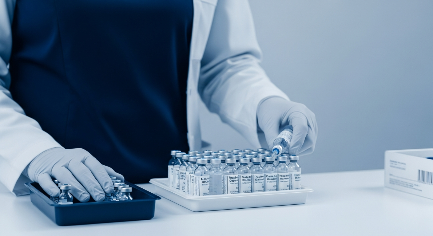 Medical professional preparing finished-dose sterile injectable vials in a clinic