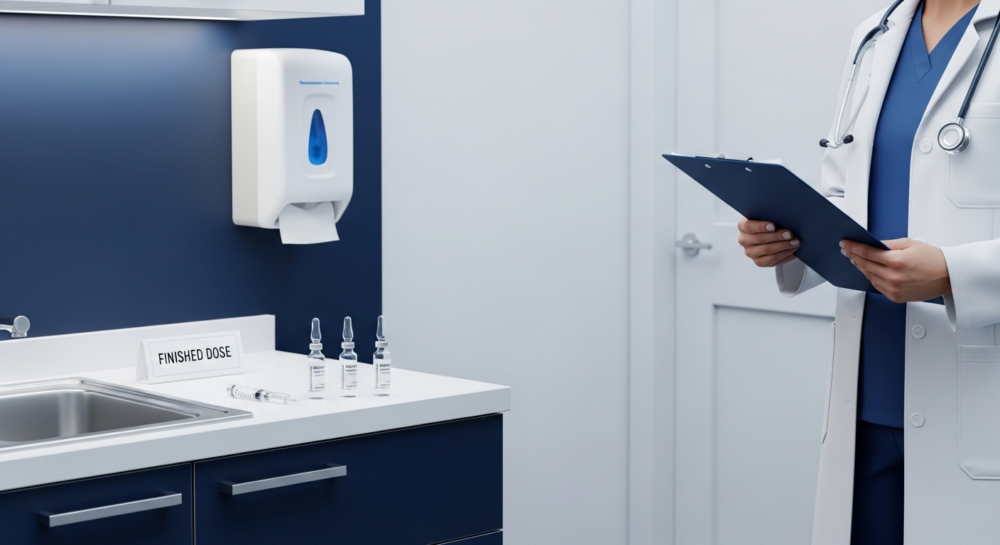 Medical weight-loss clinic with GLP-1 injectable vials on an exam-room counter