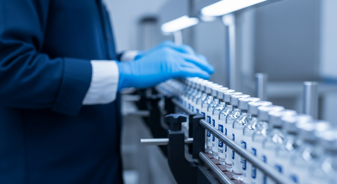 Private-label pharmaceutical manufacturing line with rows of identical vials