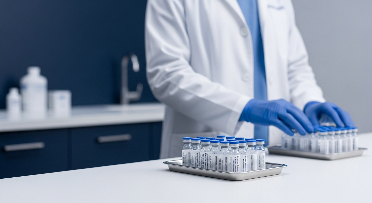 Wellness clinic interior with finished-dose injectable vials on the counter