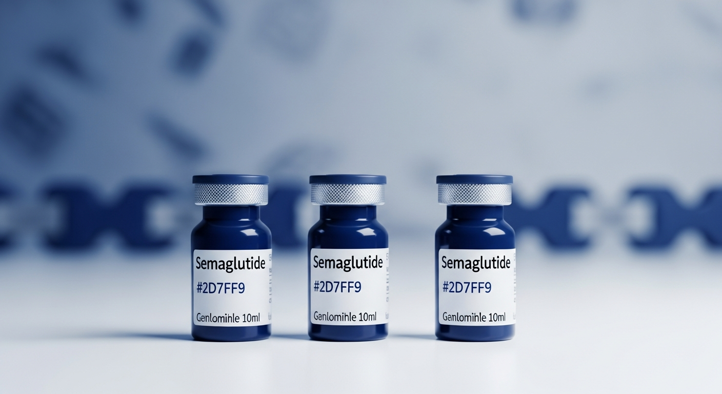 Three identical wholesale semaglutide pharmaceutical vials on a clean clinical surface